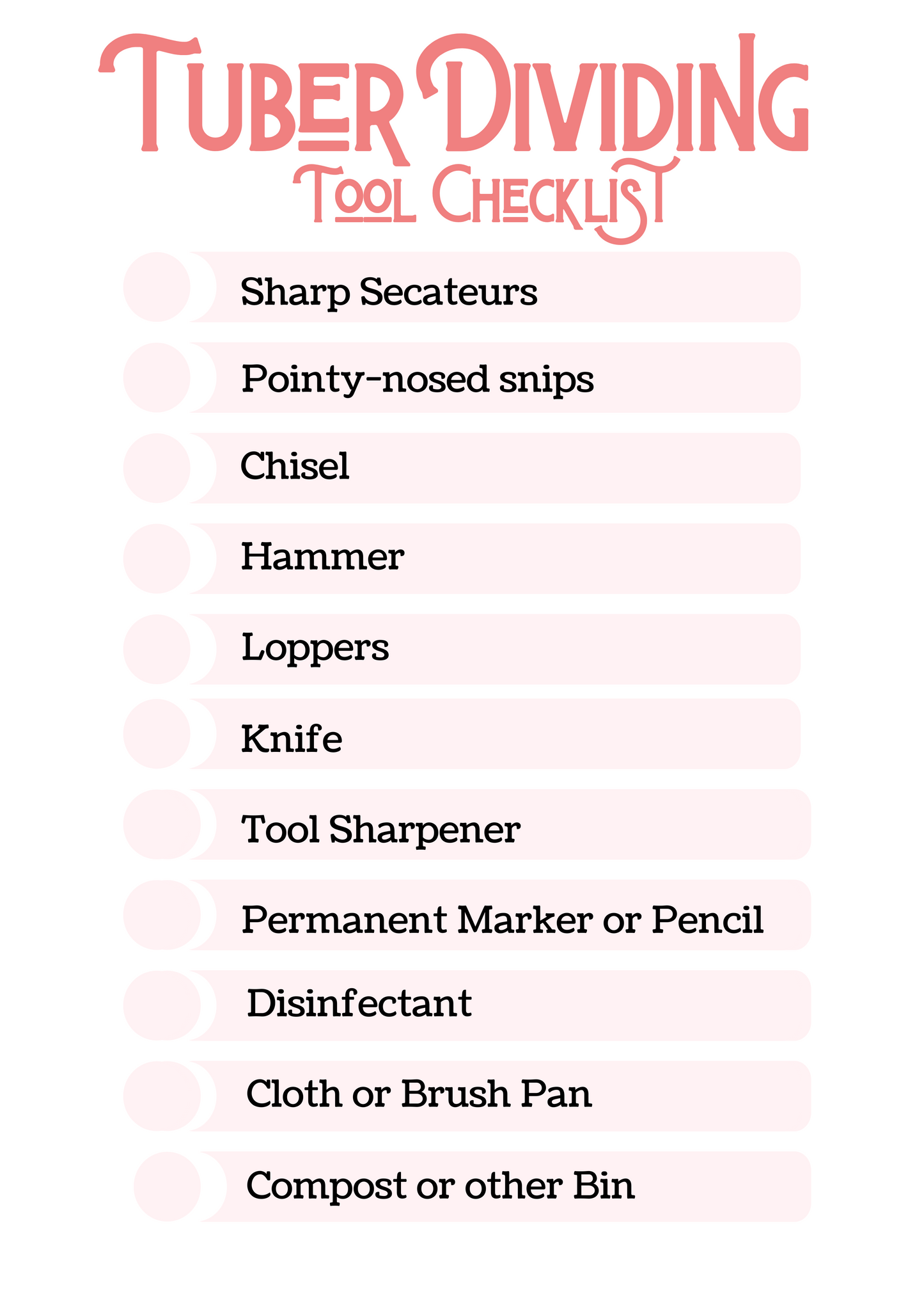 Dahlia Dividing Tool Checklist